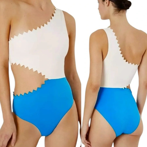 Onia Betty Cut Out One Shoulder One Piece Swimsuit Blue and White Size M NWT - Picture 11 of 11